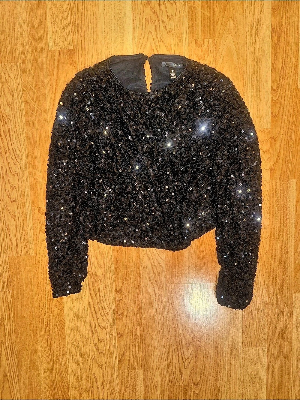 Worn Once! AQUA Sequin Cropped Top in Black- XS